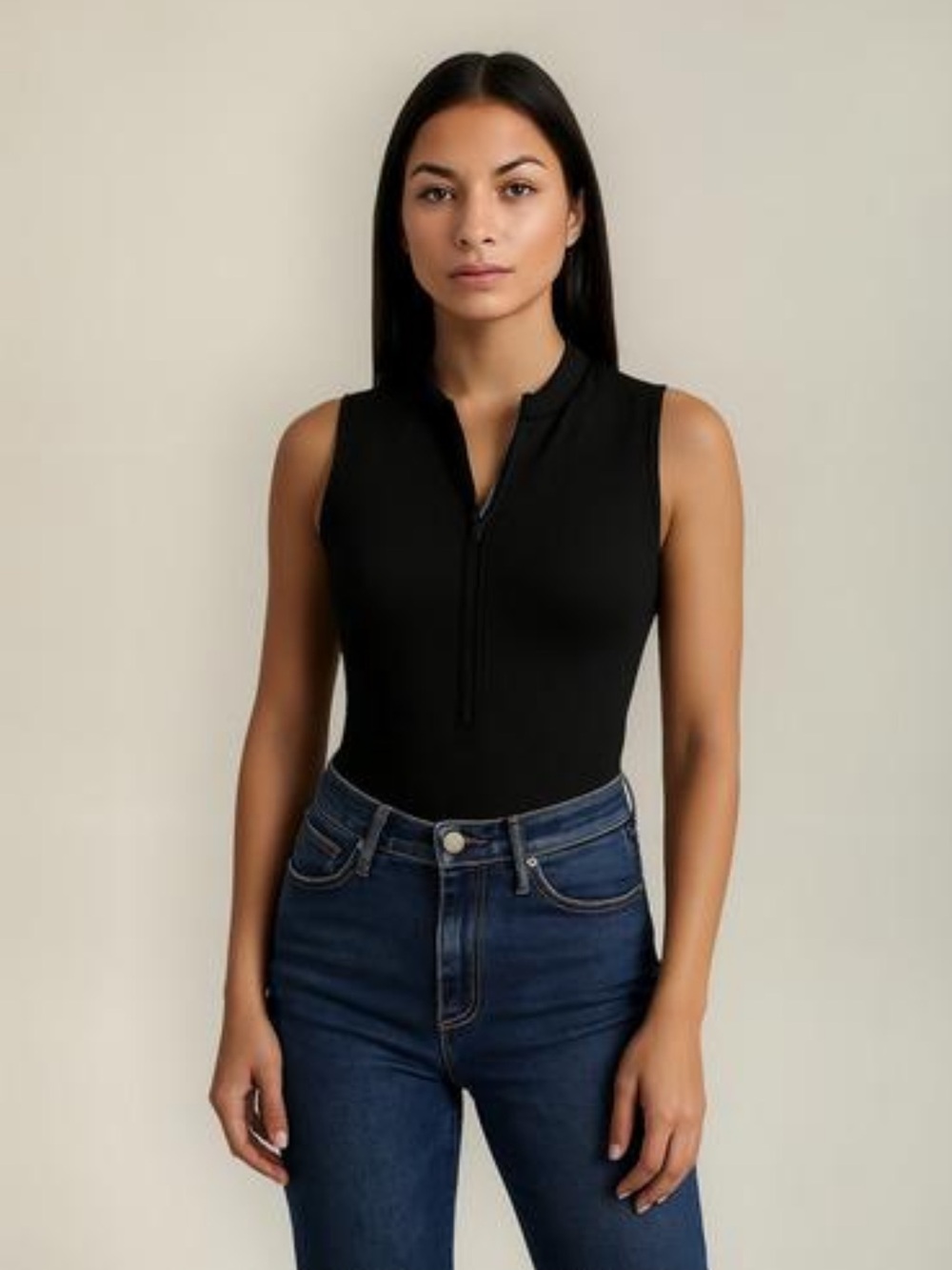 Sleeveless Black Zip-Front Bodysuit